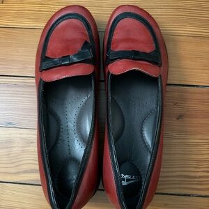 Dansko Red and Black Slip-On Flats with Classic Loafer Design